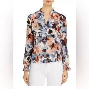 Go by Go Silk Ruffle-Neck Floral-Print Silk Blouse Women’s XL Blue and Orange